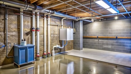 Waterproofed basement walls with drainage system, sump pump, and moisture-resistant panels, ensuring a dry and secure storage space in the underground area.