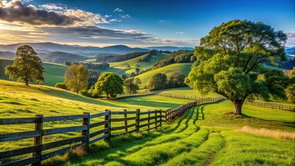Obraz premium Serene rustic landscape with rolling hills, old wooden fence, and vast green pastures surrounded by dense trees under a clear blue sky.