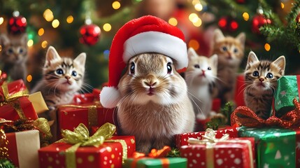 Obraz premium A cute rabbit in a Santa hat surrounded by colorful presents and cheerful kittens wearing Santa hats, with vibrant Christmas trees and big-eyed people smiling in the background