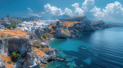 Aerial View of Charming Greek Village Chora on Hill – Panoramic Photo of Whitewashed Cycladic Architecture, Aegean Sea and Rocky Mediterranean Landscape Under Bright Summer Sky