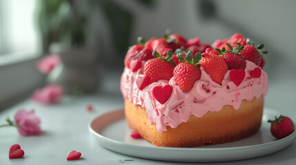 Strawberry-topped pink cake with whipped cream and heart-shaped decorations, perfect for a romantic occasion or a sweet gesture of love.