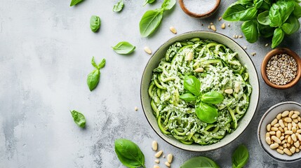 Obraz premium Raw zucchini pasta topped with a creamy cashew sauce, fresh basil, and pine nuts on a neutral grey background