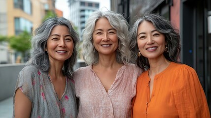 Fototapeta premium Three cheerful women with gray hair smile together outdoors, showcasing friendship and joy in an urban setting.