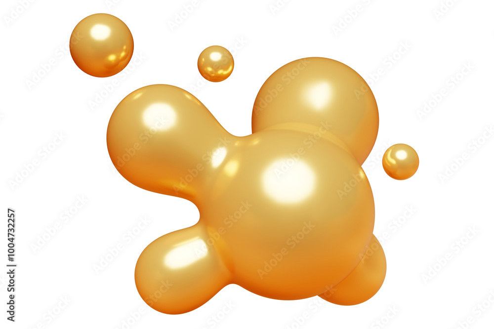 Poster golden abstract liquid metaball shape. 3d render illustration of fluid soft bubble blob. organic gol