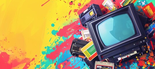 Retro 90s TV and Movie Memorabilia Banner with VHS Tapes and CRT Television for Nostalgic Design