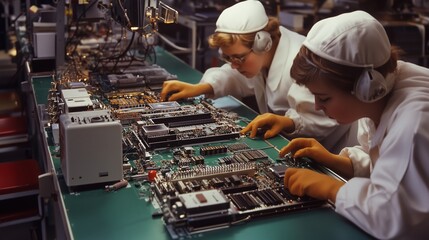 Two women assembling electronic circuit boards in a factory during the late 20th century