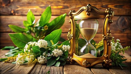 Golden shield and hourglass surrounded by leaves and flowers on wooden table, symbolizing life insurance and protection of loved ones for generations to come.