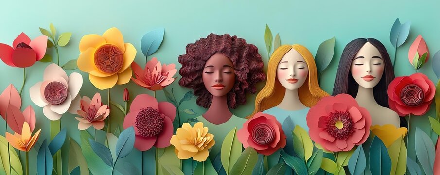 A beautiful illustration of diverse women surrounded by vibrant flowers, celebrating unity and nature in a colorful design.