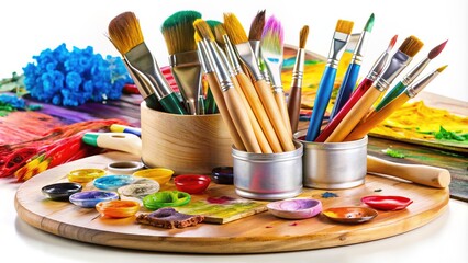 Obraz premium Colorful paintbrush resting on a wooden palette surrounded by vibrant paint tubes, brushes, and artistic tools against a clean white studio background.