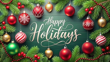 Vibrant red and green ornaments and garlands adorn a festive holiday background with bold, modern, white script font wishing happy holidays and merry christmas joys.