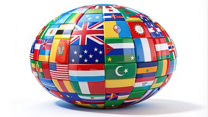 Colorful national flags of various countries wrapping around a large blue globe, symbolizing international unity and global connection on a white background.
