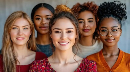 Obraz premium Five diverse women smiling confidently together in a warm, vibrant setting, celebrating friendship and unity.