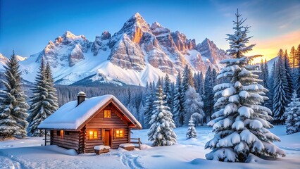 Fototapeta premium Snow-covered evergreen trees stand tall amidst rugged mountain peaks, festive holiday decorations adorn rustic wooden cabin, surrounded by serene winter wonderland landscape.