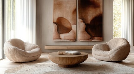 Minimalist interior, warm beige tones, abstract art, curved armchairs, round wooden coffee tables, textured rug, natural light, sheer curtains, earthy palette, organic shapes, zen atmosphere, modern l