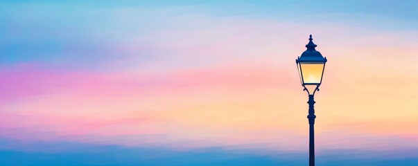 Street lamp with colorful sunset background, serene atmosphere. Evening tranquility concept