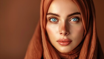 Fototapeta premium Portrait of a glowing beautiful muslim woman isolated against brown studio background. Young woman wearing a hijab. Middle eastern