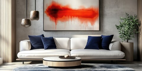 modern living room, minimalist interior, large abstract painting, red and orange artwork, white sofa, navy blue pillows, concrete wall, wooden accents, pendant light, potted plant, round coffee table,