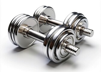 A pair of shiny chrome dumbbells isolated on a white background, with subtle shadows, highlighting their detailed texture and curves.