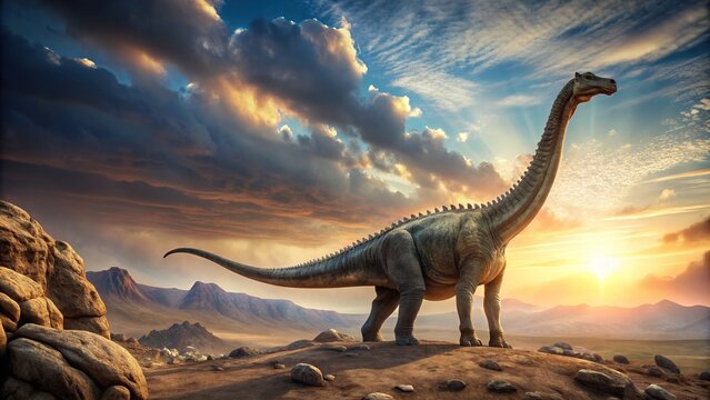 A massive, long-necked Supersaurus dinosaur roams a prehistoric landscape, its scaly body and tail stretching across a barren, rocky terrain amidst a hazy, atmospheric horizon.