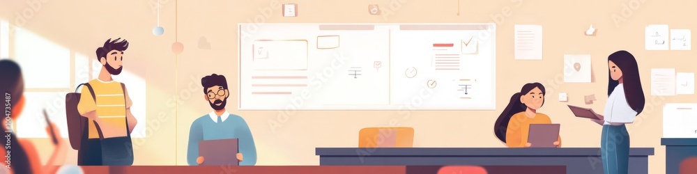 Poster collaborative brainstorming: a vibrant, modern office setting where a diverse team engages in a live