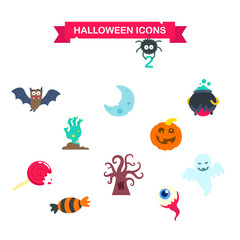 Halloween icons - 2. Subjects bat, moon, boiler, cauldron, arm, pumpkin, lollipop, candy, tree, eye, ghost. Modern flat style vector illustration clipart