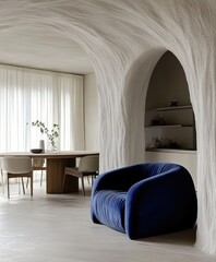Minimalist interior design, arched doorway, textured white walls, blue velvet armchair, round dining table, floor-to-ceiling curtains, soft natural lighting, neutral color palette, modern architectura