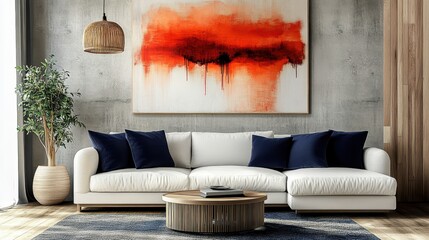modern living room, minimalist interior, large abstract painting, red and orange artwork, white sofa, navy blue pillows, concrete wall, wooden accents, pendant light, potted plant, round coffee table,