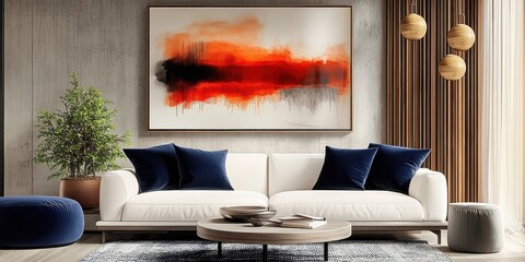 modern living room, minimalist interior, large abstract painting, red and orange artwork, white sofa, navy blue pillows, concrete wall, wooden accents, pendant light, potted plant, round coffee table,