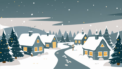 Charming winter village scene with snow-covered houses and pine trees