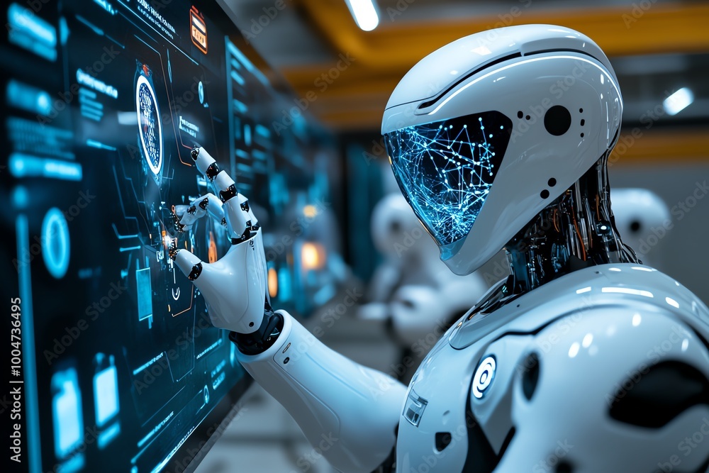 Poster a futuristic tech lab where tomorrowâ€™s innovations are developed, with holographic screens, roboti