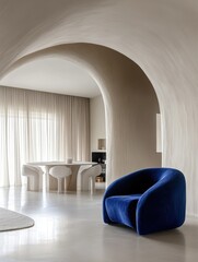 Minimalist interior design, arched doorway, textured white walls, blue velvet armchair, round dining table, floor-to-ceiling curtains, soft natural lighting, neutral color palette, modern architectura