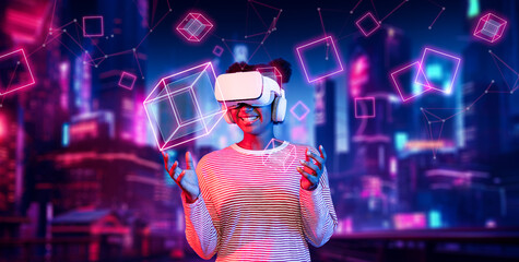African girl wearing VR glasses and casual cloth while standing at futuristic city. Attractive...