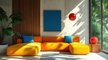 Vibrant modern living room, colorful L-shaped sofa, yellow and orange upholstery, blue throw pillow, wooden slat wall, concrete wall, large window, sunlight and shadows, minimalist decor, potted plant