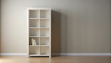 Obraz premium Clean and minimalist white bookcase with empty shelves standing isolated on a neutral background, awaiting decoration or filling with favorite novels and personal treasures.