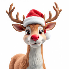 3D Illustration of reindeer with red nose and Santa hat against white backdrop