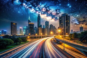 Fototapeta premium Brightly lit highway stretches through the dark cityscape at night, with blurred car lights and towering skyscrapers under a starry sky.
