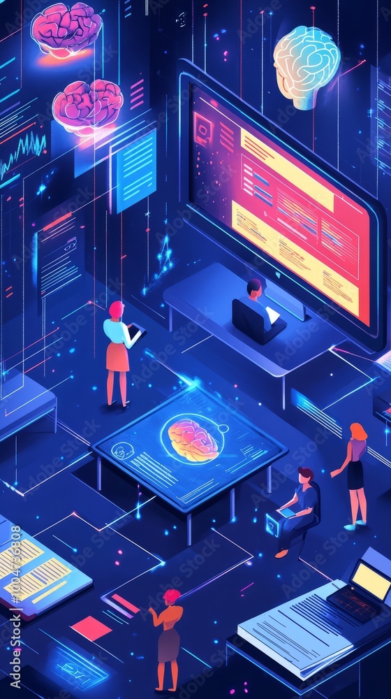 Poster digital minds: collaborative innovation in a futuristic isometric illustration showcasing a team wor