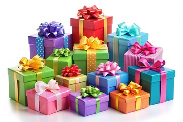 Obraz premium Colorful assorted gift boxes with ribbons and bows in various sizes and shapes, isolated on a white background, perfect for e-commerce and holiday designs.