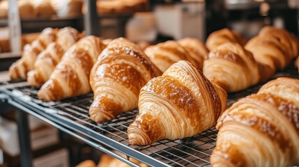 Freshly baked croissants displayed on a wire rack in a cozy bakery during the morning rush