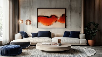 modern living room, minimalist interior, large abstract painting, red and orange artwork, white sofa, navy blue pillows, concrete wall, wooden accents, pendant light, potted plant, round coffee table,
