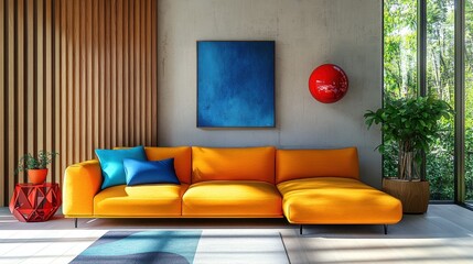 Vibrant modern living room, colorful L-shaped sofa, yellow and orange upholstery, blue throw pillow, wooden slat wall, concrete wall, large window, sunlight and shadows, minimalist decor, potted plant