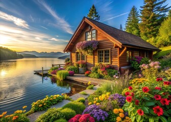 Obraz premium Cozy vacation retreat with rustic wooden exterior, surrounded by lush greenery and vibrant flowers, near a serene lake or ocean in warm sunlight.