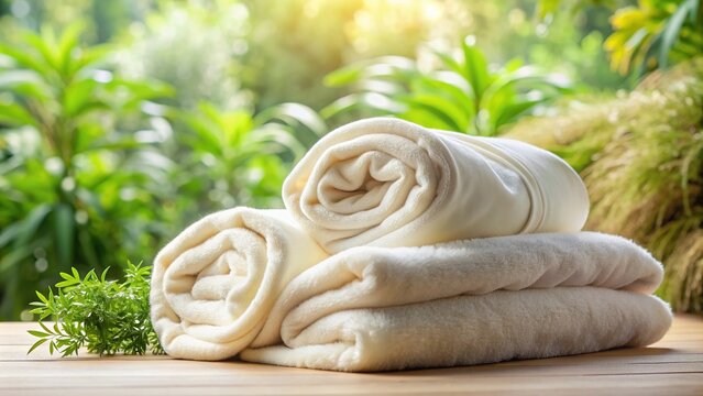 Creamy white fleece blankets wrapped around a serene natural background, showcasing a calming and cozy atmosphere with soft, plush, and inviting textures.