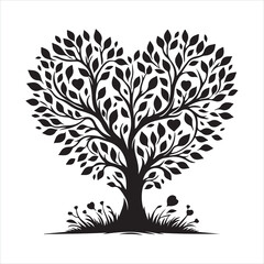 Obraz premium love tree with heart leaves silhouette on white background 
