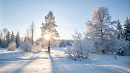 Obraz premium Snow-covered winter forest with sunlight shining through frosty trees