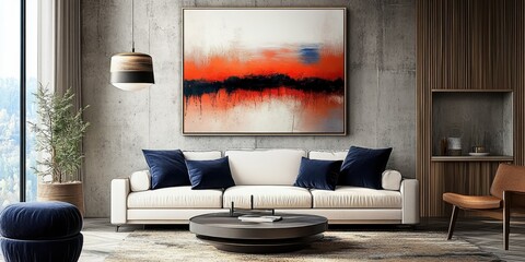 modern living room, minimalist interior, large abstract painting, red and orange artwork, white sofa, navy blue pillows, concrete wall, wooden accents, pendant light, potted plant, round coffee table,