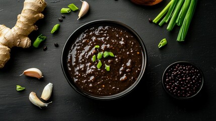 A bowl of black bean sauce surrounded by garlic, ginger, scallions, and fermented black beans on a matte black background