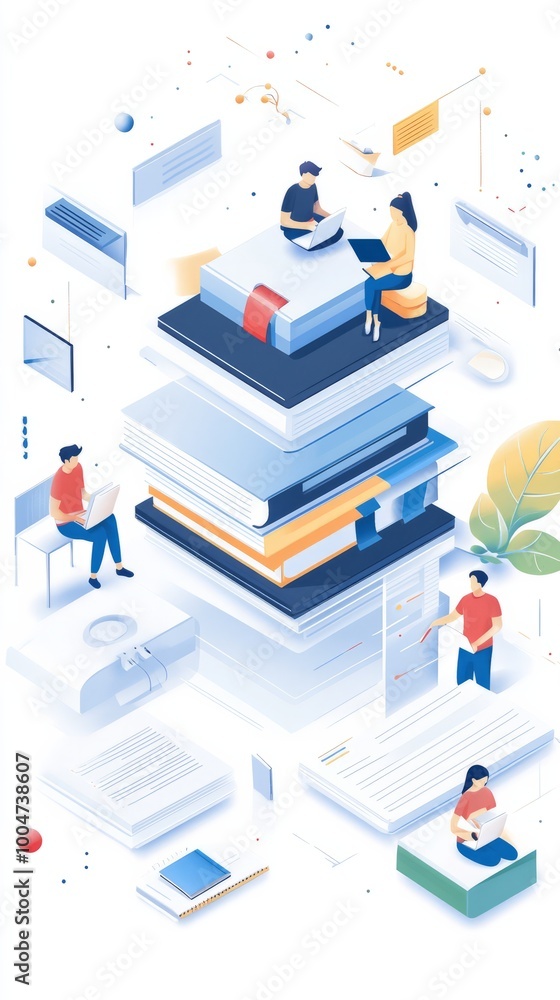 Poster knowledge is power: a vibrant illustration of an isometric world where people are immersed in a towe