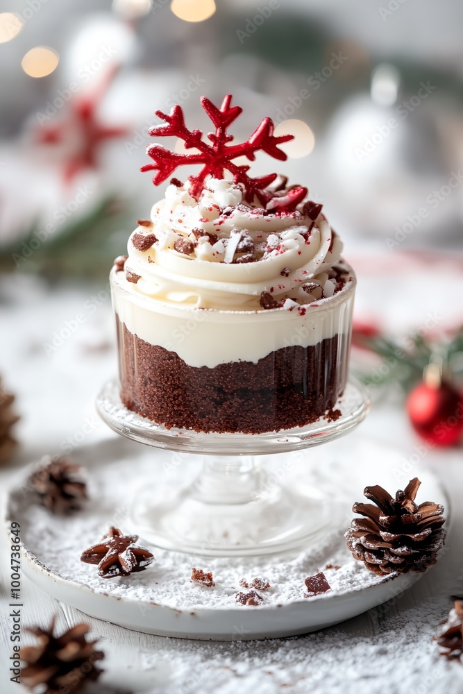 Poster a white cupcake with red frosting and a red snowflake on top. the cupcake is sitting on a white plat