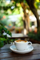 A white coffee cup with a heart design sits on a wooden table. The cup is filled with coffee and has a white saucer underneath it. The scene is set in a park or garden, with trees